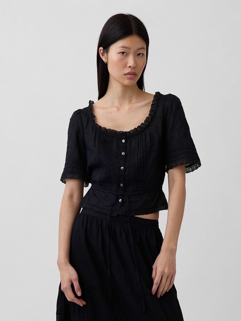 GAP Black Lace-Trim Button Front Blouse